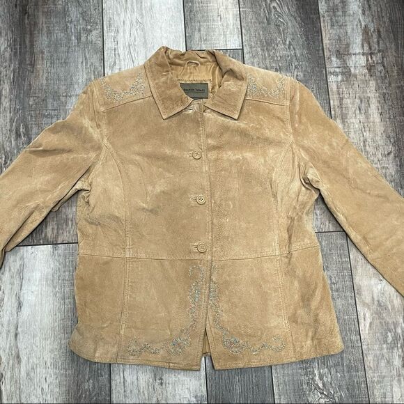 Brandon Thomas Tan Leather Jacket Cutout Turquoise Design Beaded Detail Medium - Picture 12 of 16